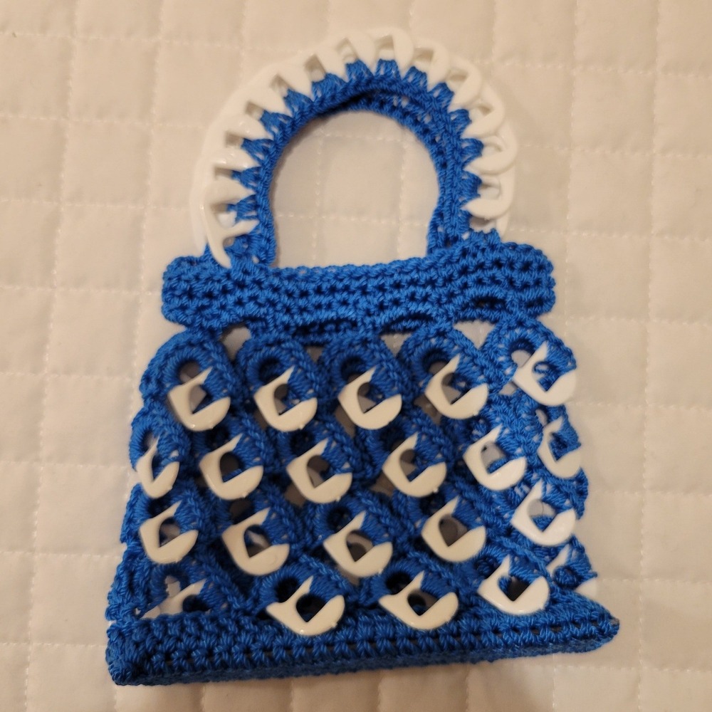 Upcycled Handmade Royal Blue Crochet Soda Pop Tab Mini Tote Bag Boho Purse Eco